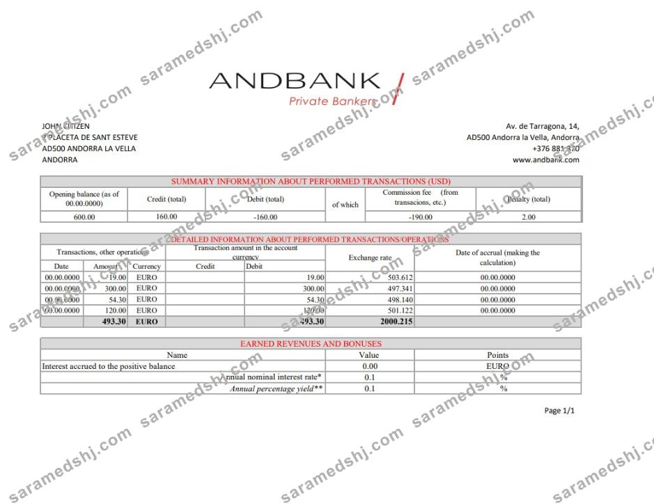 Andorra Andbank bank statement template in Excel and PDF format